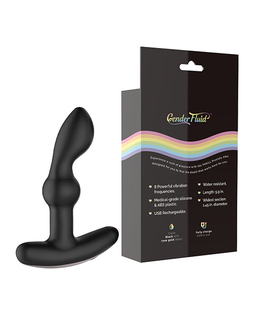 Gender Fluid Thrill Prostate Vibe Black next to the packaging highlighting features and specifications.