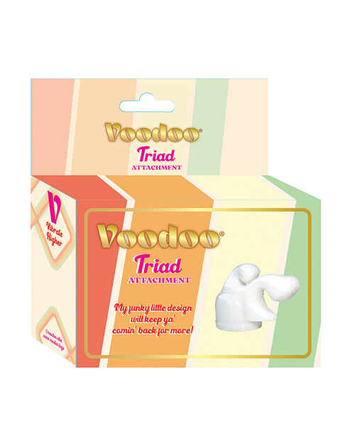 Voodoo Triad Wand Attachment White TPR packaging showcasing a unique design for enhanced pleasure experiences.