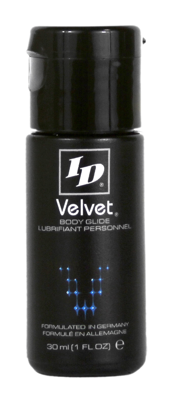 ID Velvet Silicone Body Glide Lubricant 30ml bottle in black packaging for smooth intimacy.