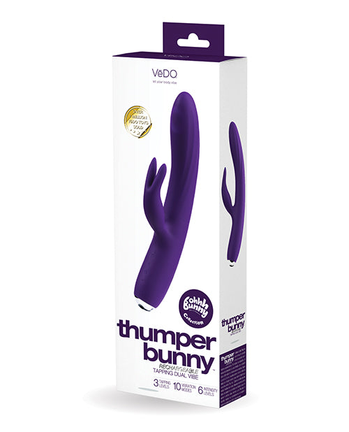 Vedo Thumper Bunny Rabbit Vibrator Deep Purple packaging showcasing its three motors and ten vibration modes.