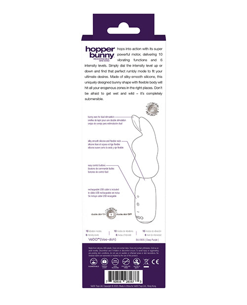 Vedo Hopper Rechargeable Mini Vibe Deep Purple packaging with instructions and features highlighted.