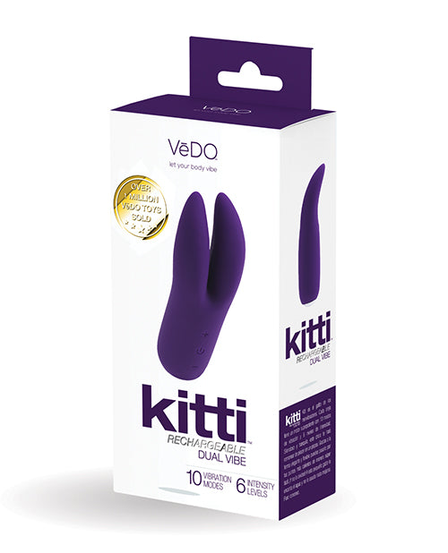 Vedo Kitti Rechargeable Clitoral Vibrator Deep Purple packaging showcasing 10 vibration modes and 6 intensity levels.