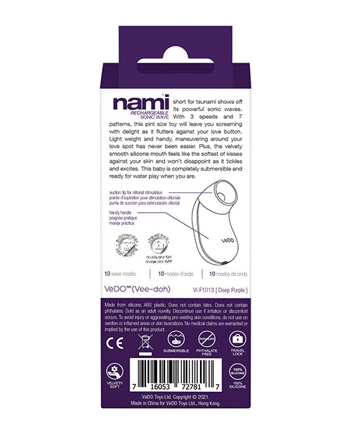 Vedo Nami Sonic Clitoral Vibrator Purple packaging with features overview and usage instructions.