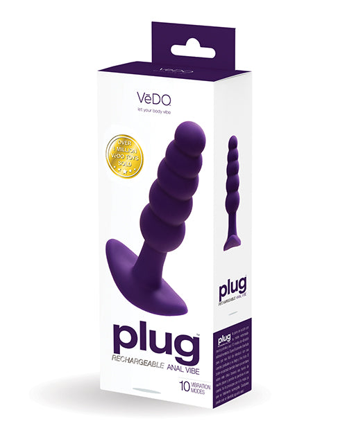 VeDO Plug Rechargeable Anal Plug Deep Purple packaging showcasing its tapered design and features.