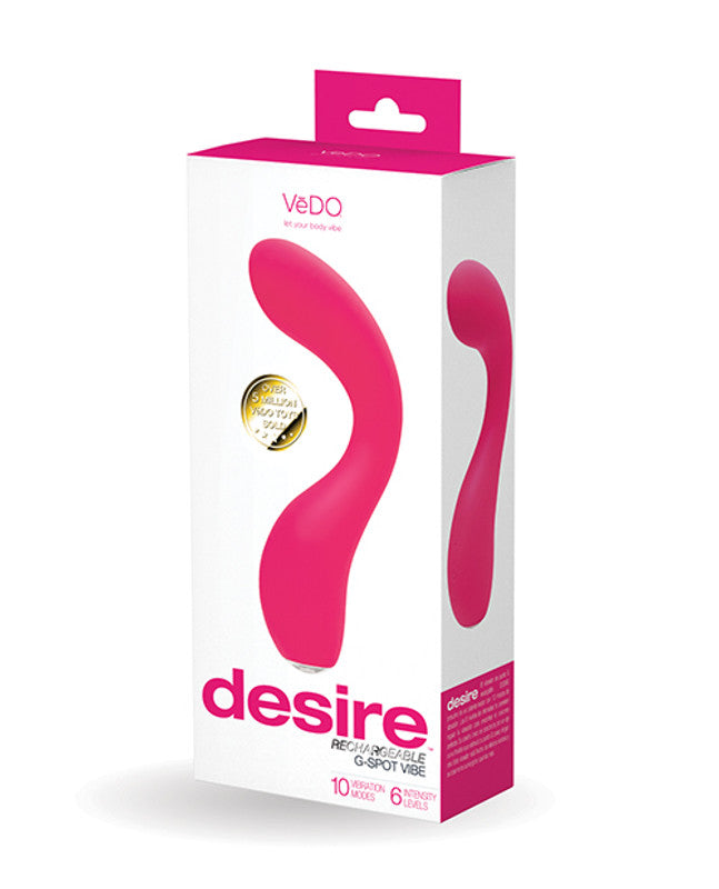 VeDO Desire Rechargeable Silicone G-Spot Vibrator Pink packaging featuring a powerful curved vibe with 10 modes and 6 intensities.