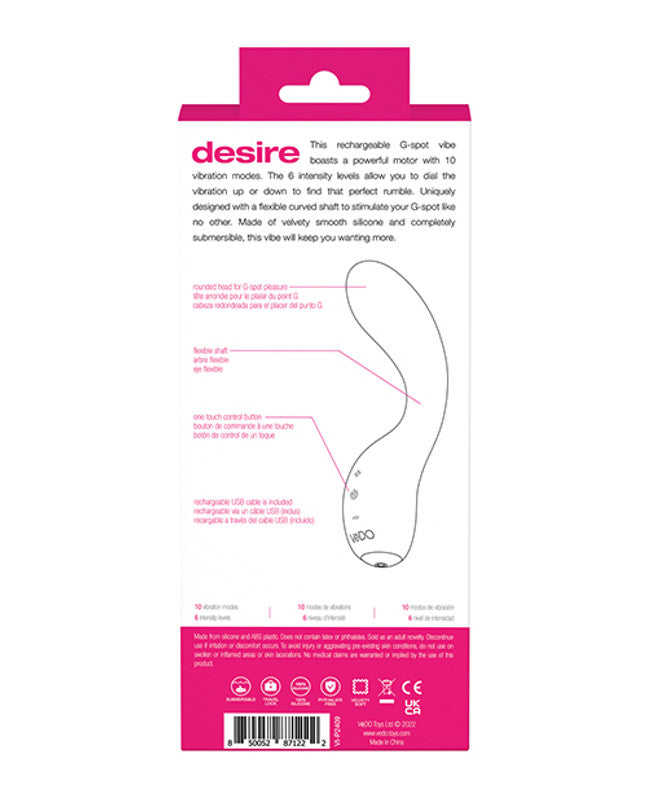 VeDO Desire Rechargeable Silicone G-Spot Vibrator Pink packaging showing features and specifications for targeted pleasure.