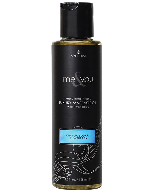 Me & You Pheromone Massage Oil Vanilla Sugar Sweet Pea bottle with hyper-glide formula for sensual relaxation.