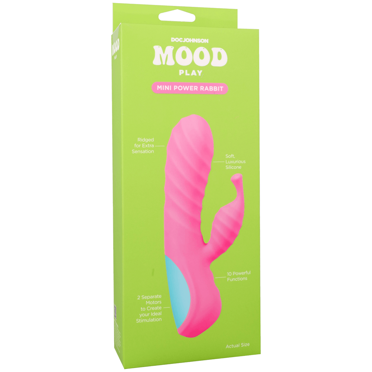 Mood Play Mini Power Rabbit Vibrator Pink packaging showcasing its dual-motor design and travel-friendly size.