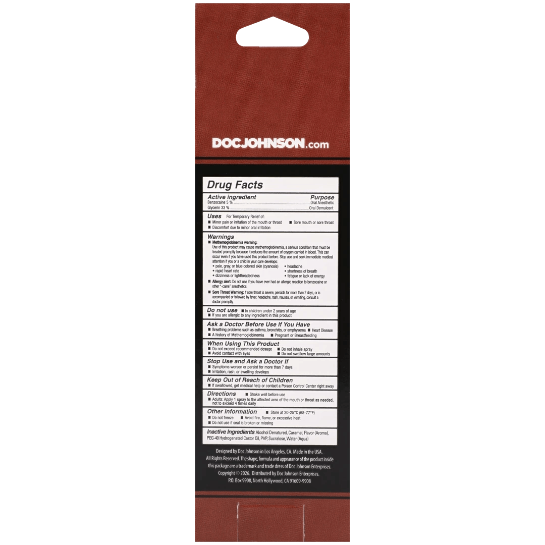Label with drug facts and instructions for Goodhead Deep Throat Spray Double Chocolate 2 Oz product.