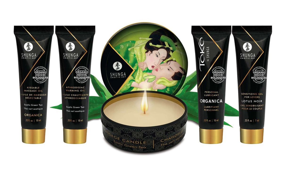 Shunga Geisha Secrets Gift Set Organica Exotic Green Tea with five travel-sized products and a scented candle.
