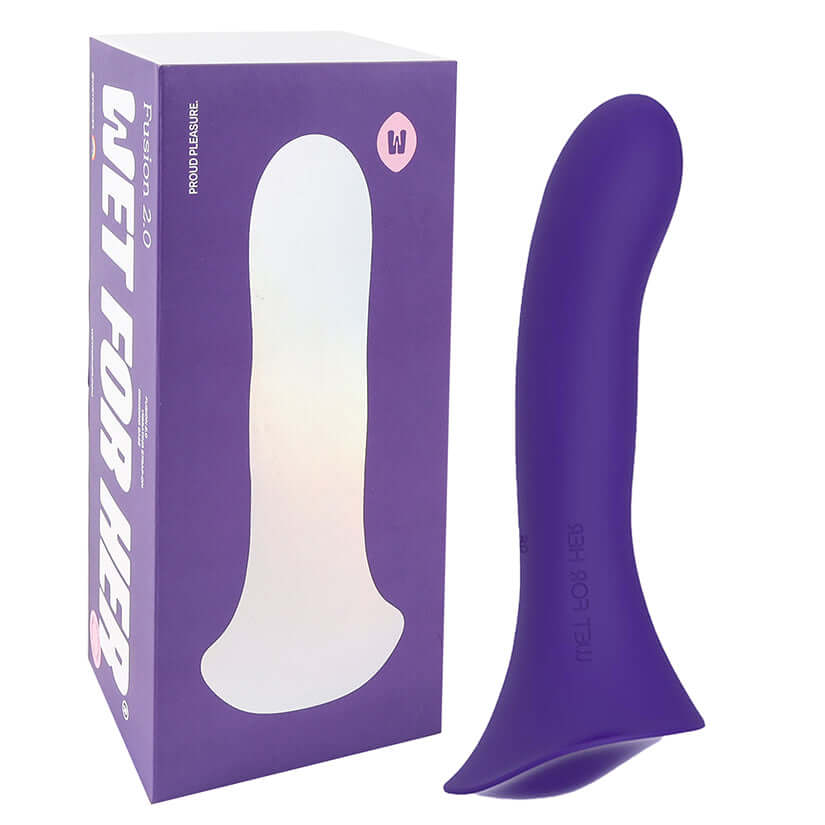 Wet For Her Fusion 2.0 Massager Medium Purple next to its packaging, displaying its elegant design.