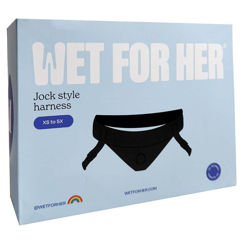 Wet For Her Jock Harness Black L-5XL packaging showcasing jock style design, adjustable fit detail.