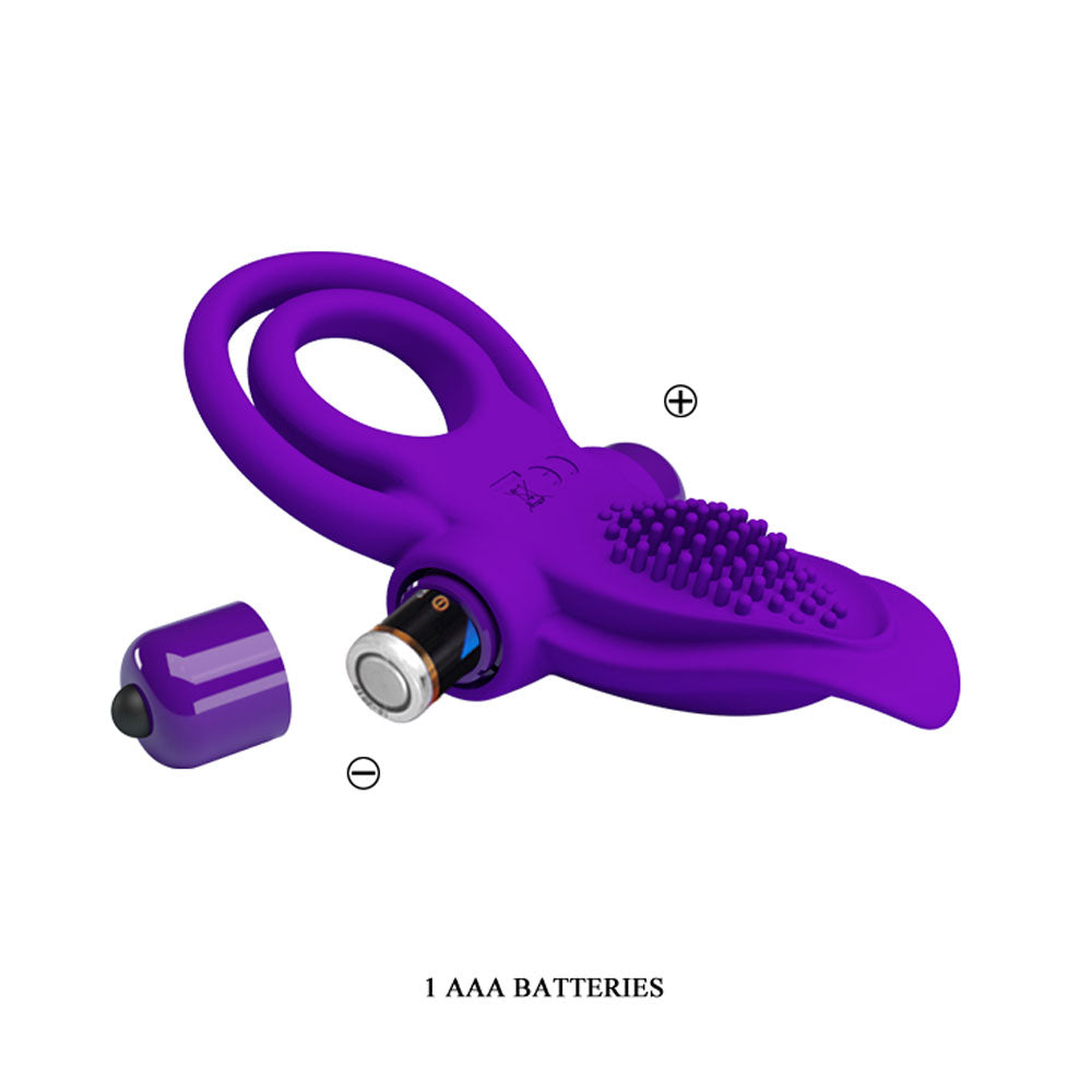 Pretty Love Vibrant Penis Ring Purple with removable bullet and AAA battery compartment, designed for enhanced intimate experiences.