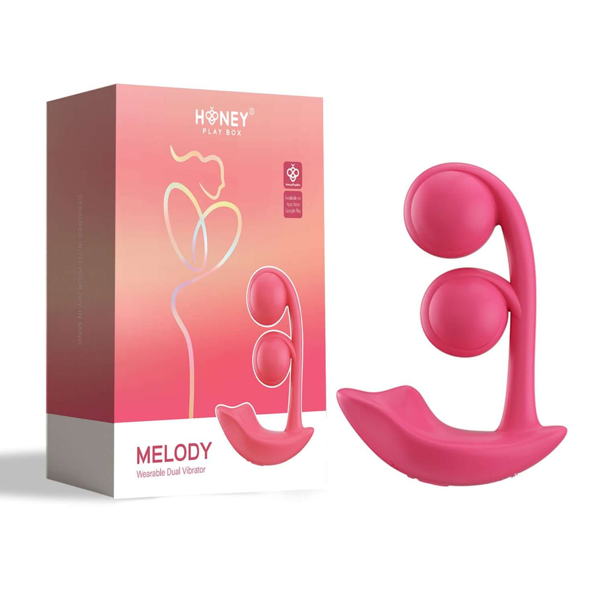 Honey Play Box Melody Wearable Dual Vibrator Pink in packaging showing its dual-ball design for stimulation.