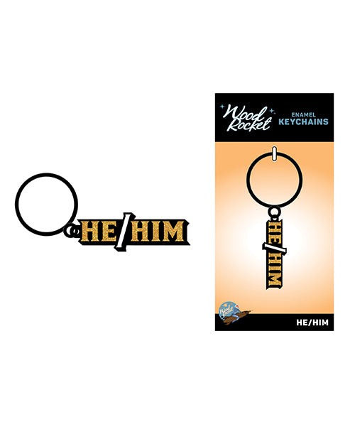 Wood Rocket He Him Keychain Black Gold with glittery design and keyring, showcasing pronoun colors.