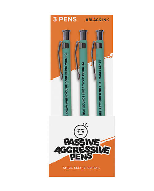 Wood Rocket Passive Aggressive Pens 3 Pack featuring humorous phrases for everyday writing.