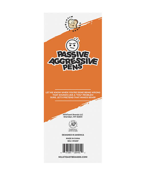 Wood Rocket Passive Aggressive Pens 3 Pack packaging featuring humorous phrases for everyday writing.