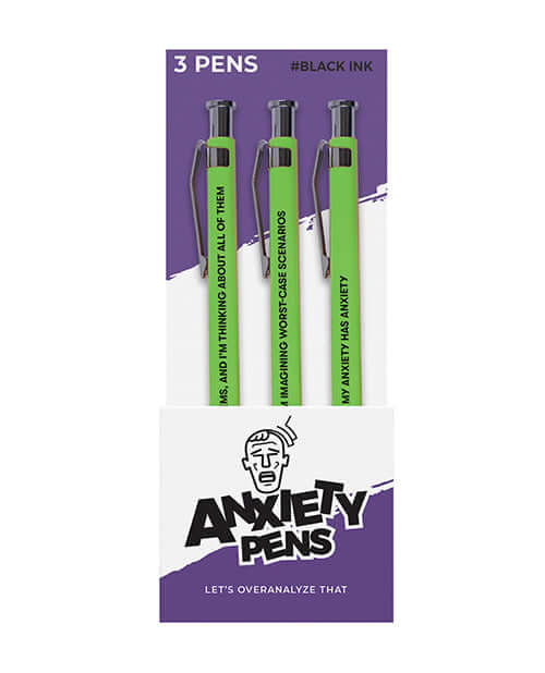 Wood Rocket Anxiety Pens 3 Pack featuring three green pens with humorous phrases on packaging.