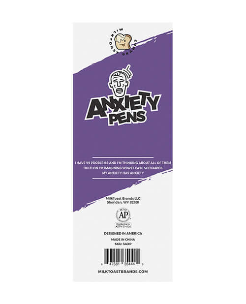 Wood Rocket Anxiety Pens 3 Pack packaging featuring humorous anxiety-themed design and text.