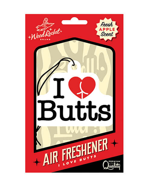 Wood Rocket I Love Butts Air Freshener Apple packaging featuring fresh apple scent and fun design.