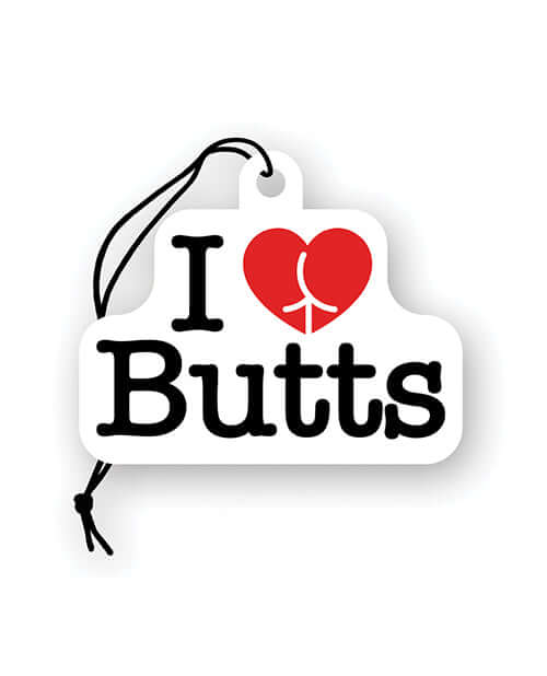 Wood Rocket I Love Butts Air Freshener Apple with a humorous design featuring the phrase 'I love Butts'.