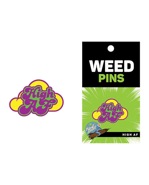 Wood Rocket High AF Weed Enamel Lapel Pin showcasing colorful design with funny text and packaging.