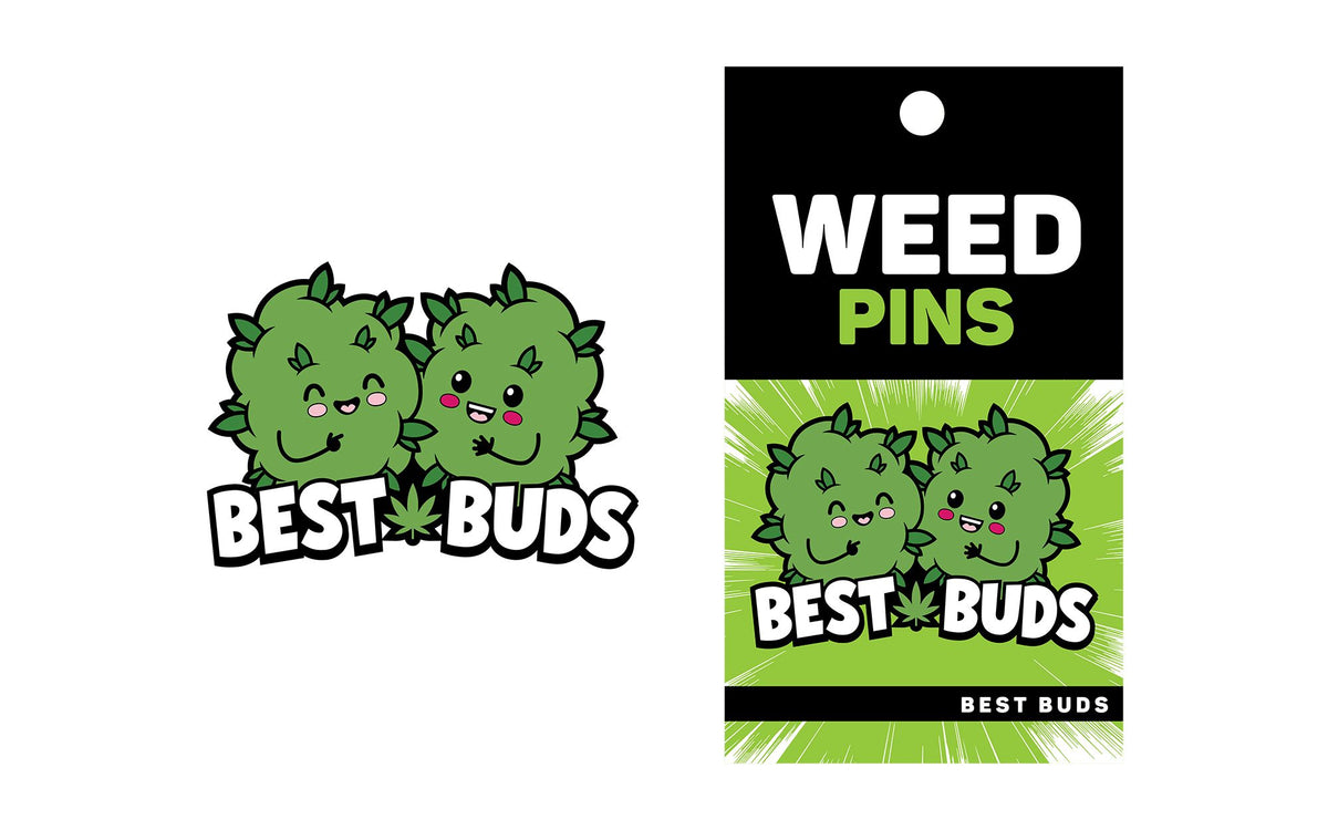 Wood Rocket Weed Best Buds Enamel Pin Green featuring cute cartoon buds in vibrant green.