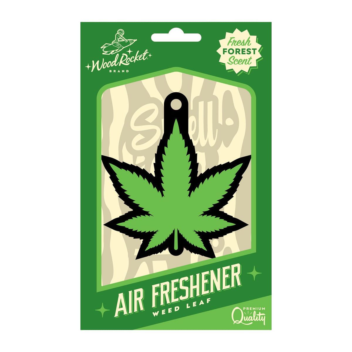 Wood Rocket Green Leaf Air Freshener Forest Scent featuring a playful cannabis-leaf design and fresh forest aroma.