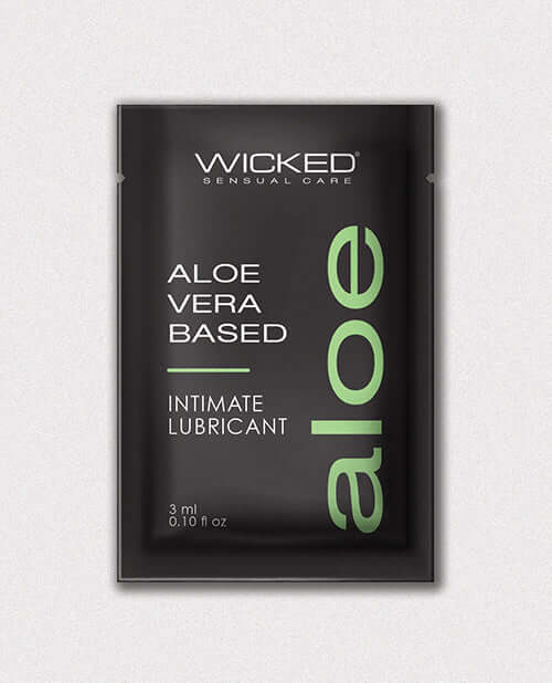 Wicked Sensual Care Aloe Vera Intimate Lubricant sample packet, highlighting soothing and moisturizing properties.