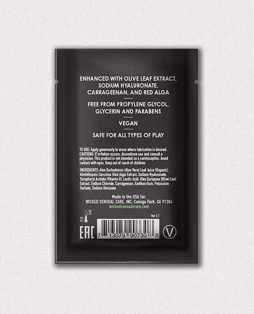 Wicked Sensual Care Aloe Vera Intimate Lubricant packaging, vegan formula free from parabens and glycerin.