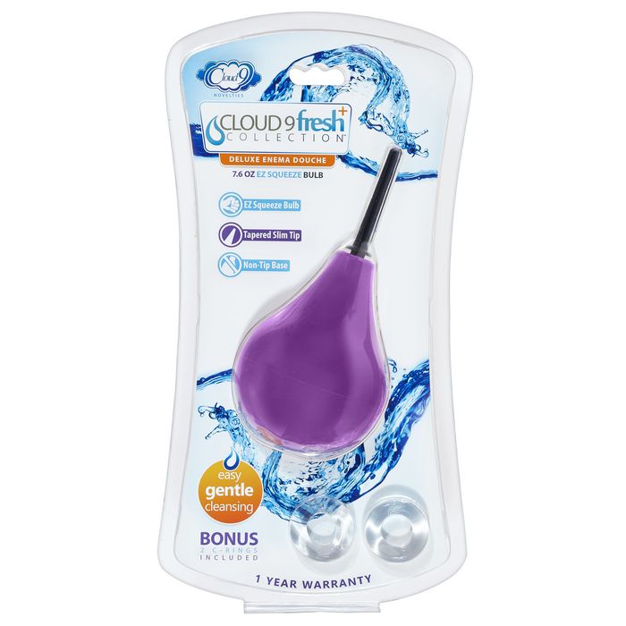 Cloud 9 Deluxe Anal Soft Tip Enema Douche 7.6 Oz featuring a purple bulb and tapered slim tip for gentle cleansing.