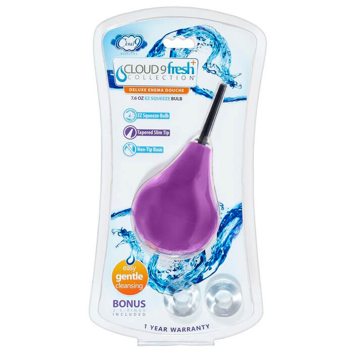 Cloud 9 Deluxe Anal Soft Tip Enema Douche 7.6 Oz featuring a purple bulb and tapered slim tip for gentle cleansing.