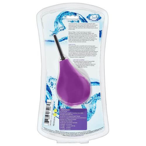 Cloud 9 Deluxe Anal Soft Tip Enema Douche 7.6 Oz packaging with purple flexible nozzle and cleansing instructions.
