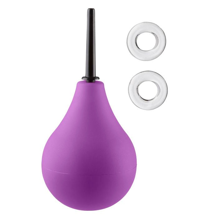 Cloud 9 Deluxe Anal Soft Tip Enema Douche 7.6 Oz with purple squeeze bulb and two clear rings.