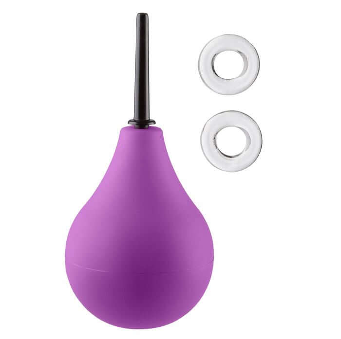 Cloud 9 Deluxe Anal Soft Tip Enema Douche 7.6 Oz with purple squeeze bulb and two clear rings.