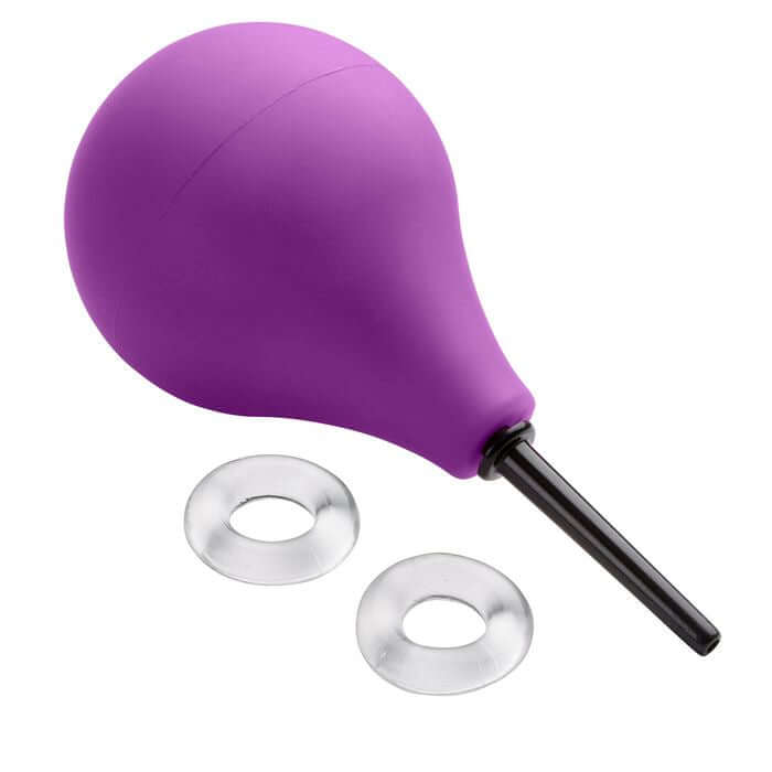 Cloud 9 Deluxe Anal Soft Tip Enema Douche 7.6 Oz with purple bulb and two clear rings.