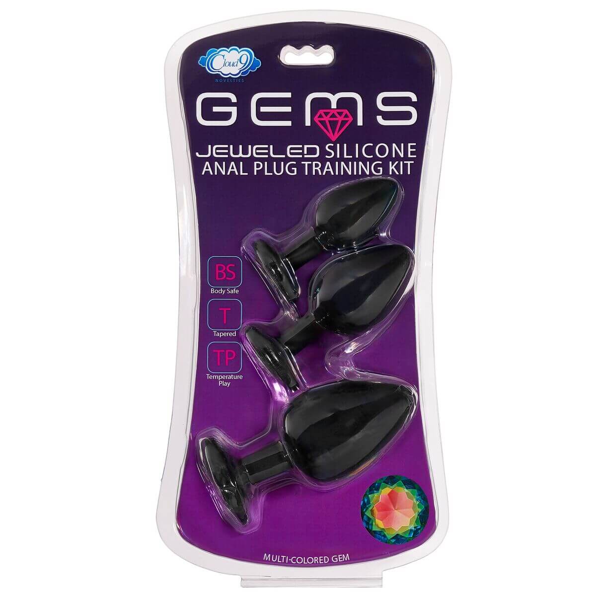 Cloud 9 Gems Black Silicone Anal Plug Kit featuring three smooth, tapered plugs in a premium training set.