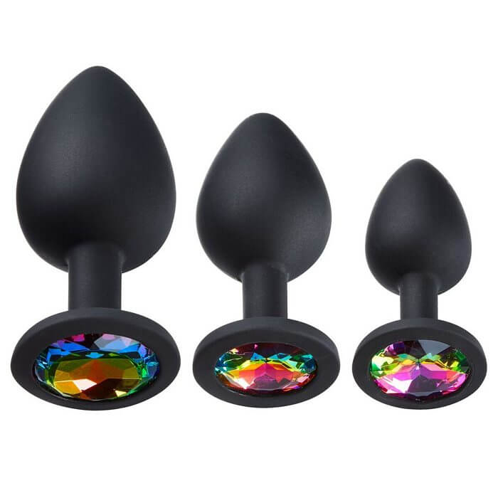 Cloud 9 Gems Black Silicone Anal Plug Kit featuring three sizes with smooth black silicone and colorful gem accents.