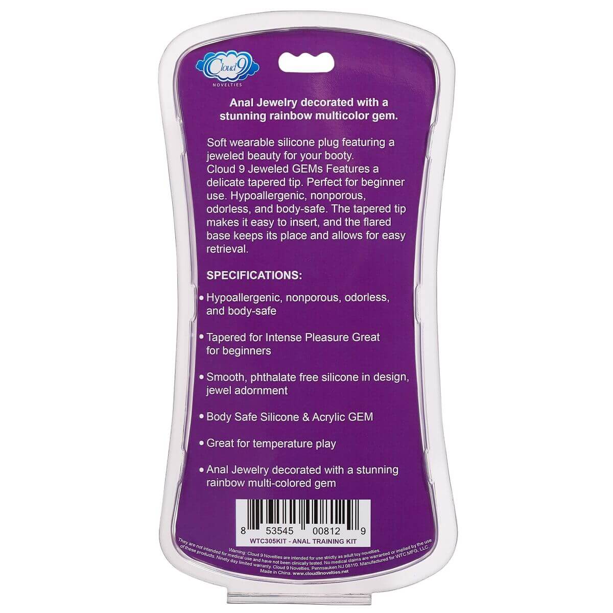 Cloud 9 Gems Black Silicone Anal Plug Kit back packaging with specifications and rainbow multicolor gem details.