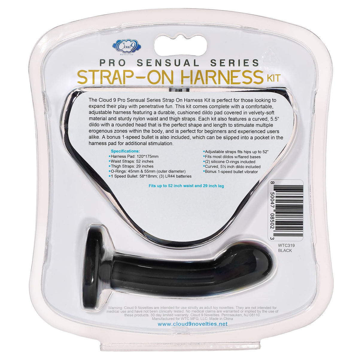 Cloud 9 Pro Sensual Strap-on Harness Kit Black packaging showing detailed product features and contents.