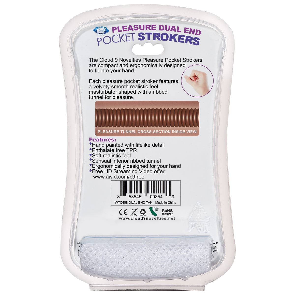 Cloud 9 Double Ended Beaded Stroker Tan packaging showcasing features and realistic tunnel design.
