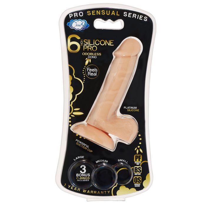 Pro Sensual Premium Silicone 6 inch Dong & Cock Rings Light packaging with realistic dildo and bonus cock rings.