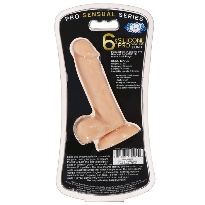 Pro Sensual Premium Silicone 6 inch Dong & Cock Rings Light packaging with realistic dildo design.