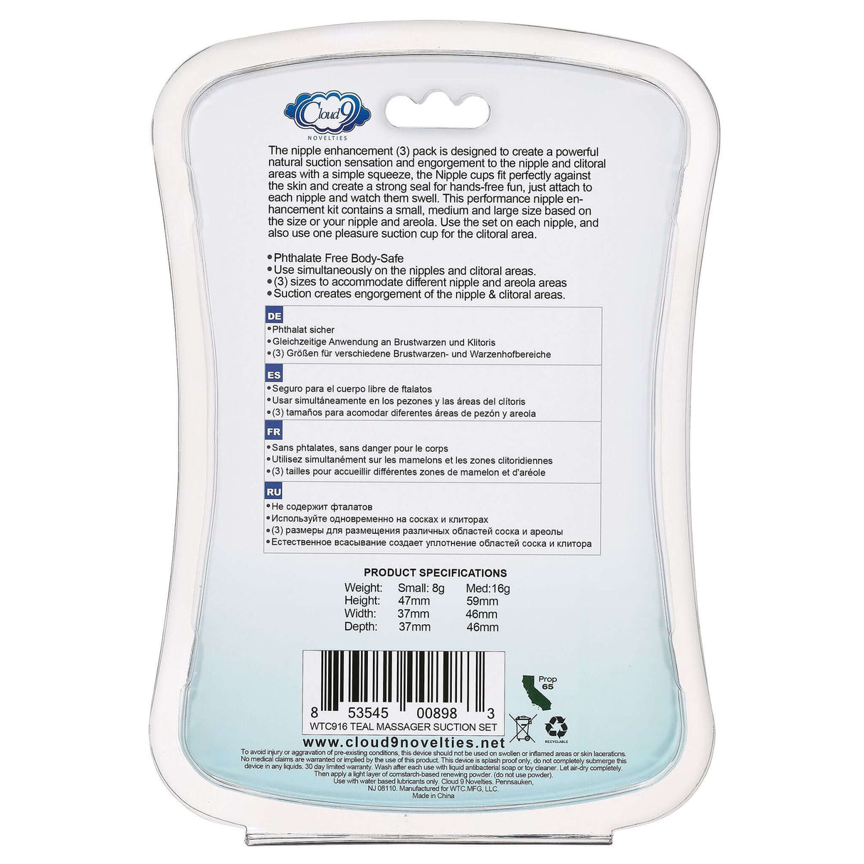 Health & Wellness Nipple & Clitoral Massager Suction Set Teal product packaging with specifications and instructions.