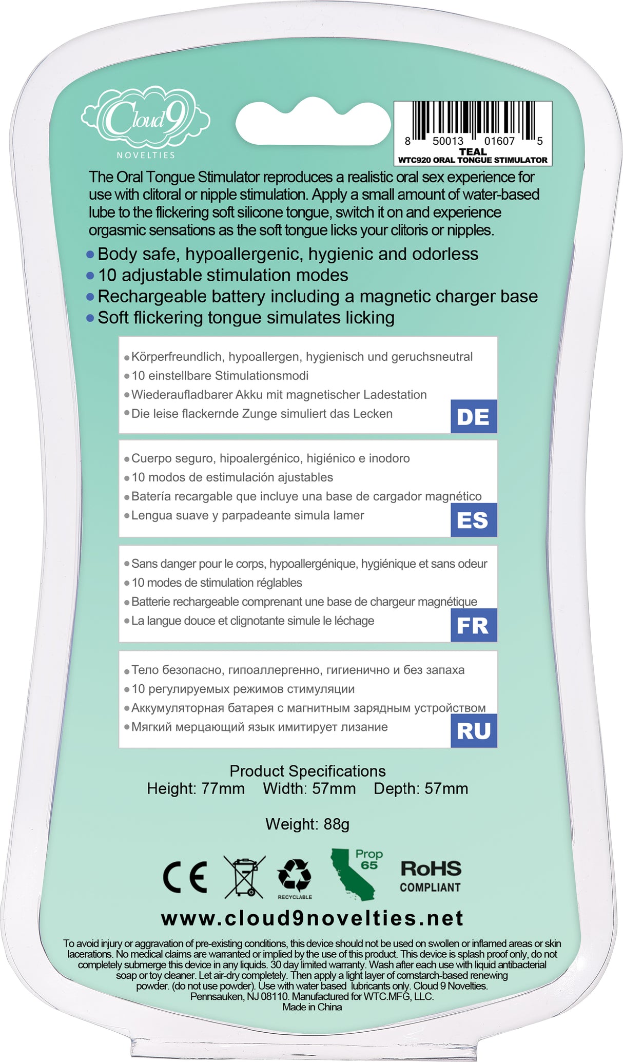 Cloud 9 Health & Wellness Flutter Oral Tongue Stimulator Teal back packaging with features and specifications.