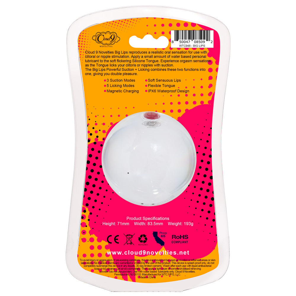 Cloud 9 Big Lips Suction Vibrator packaging showing specifications and features including suction modes and flexible design.