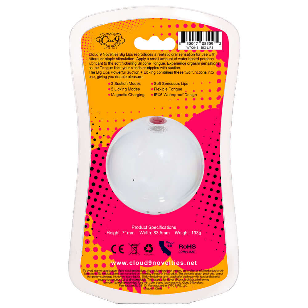 Cloud 9 Big Lips Suction Vibrator packaging showing specifications and features including suction modes and flexible design.