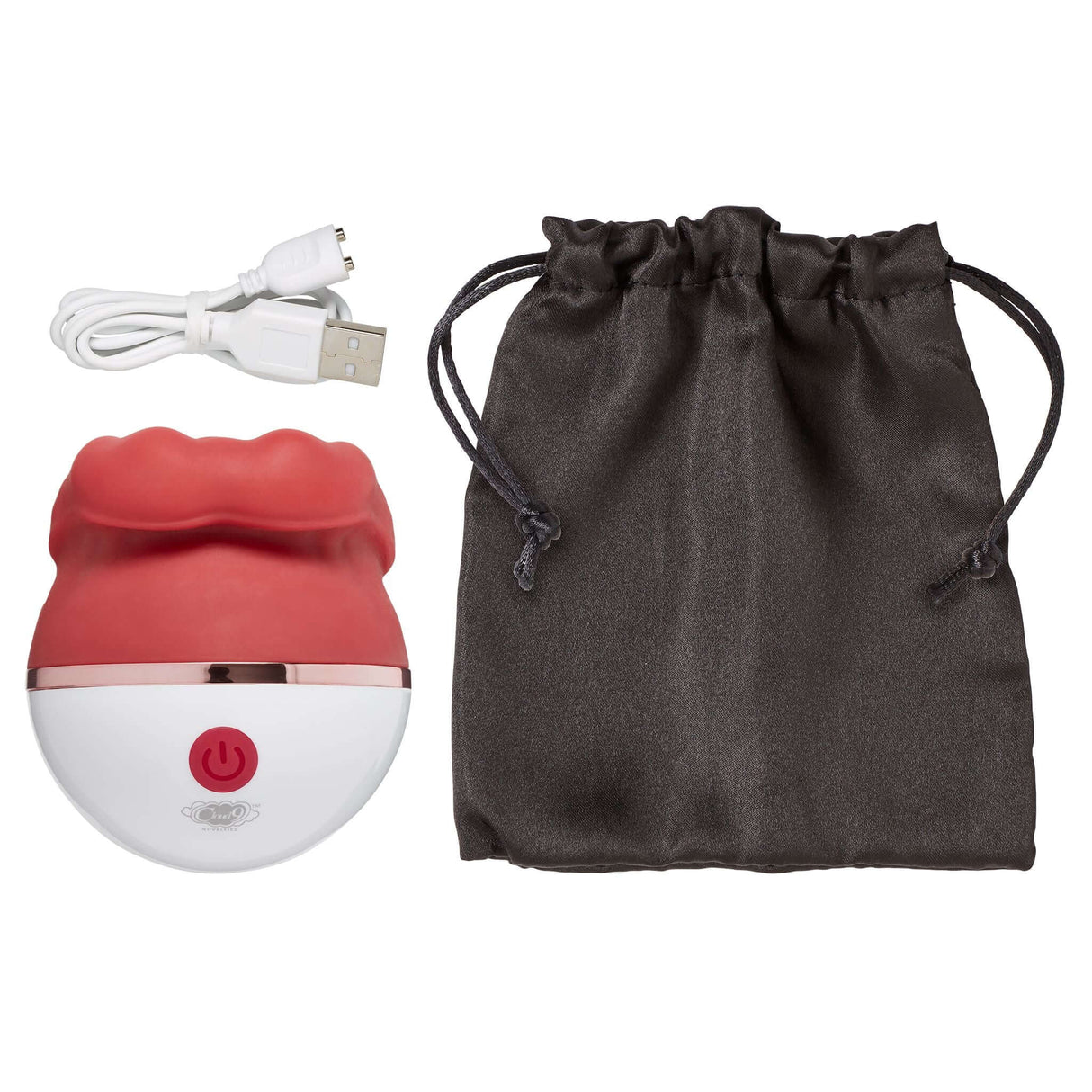 Cloud 9 Big Lips Suction Vibrator with charger and drawstring storage pouch.