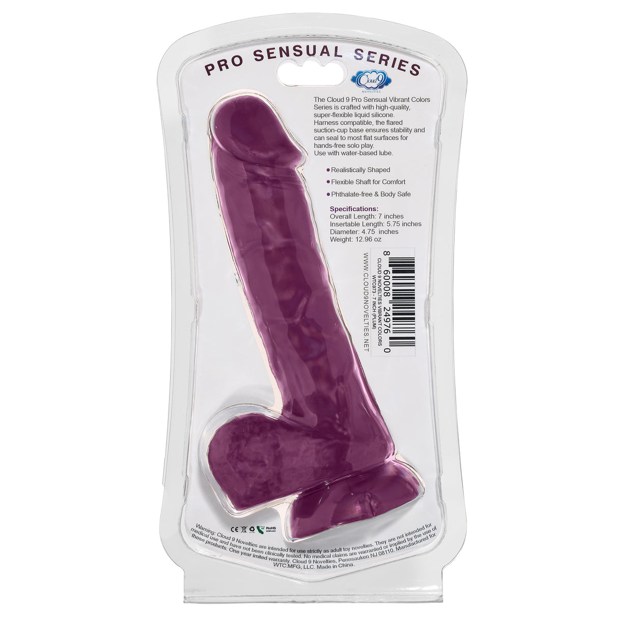 Cloud 9 Vibrant Colors 7 inch Dildo Plum Pro in packaging, showcasing high-quality body-safe silicone.