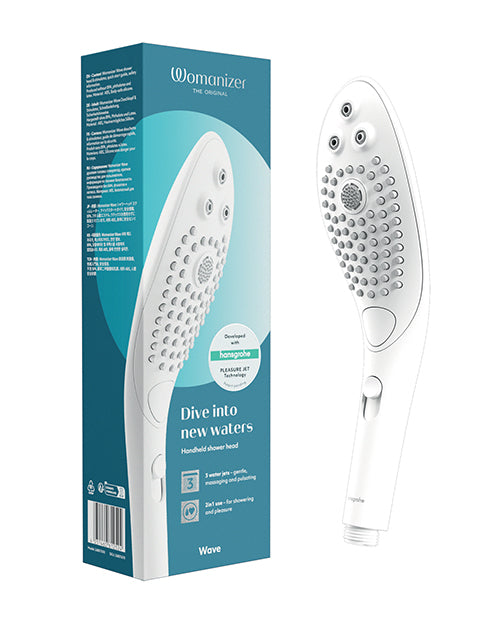 Womanizer Wave Shower Head Clitoral Stimulator White packaging and product image showcasing innovative design.